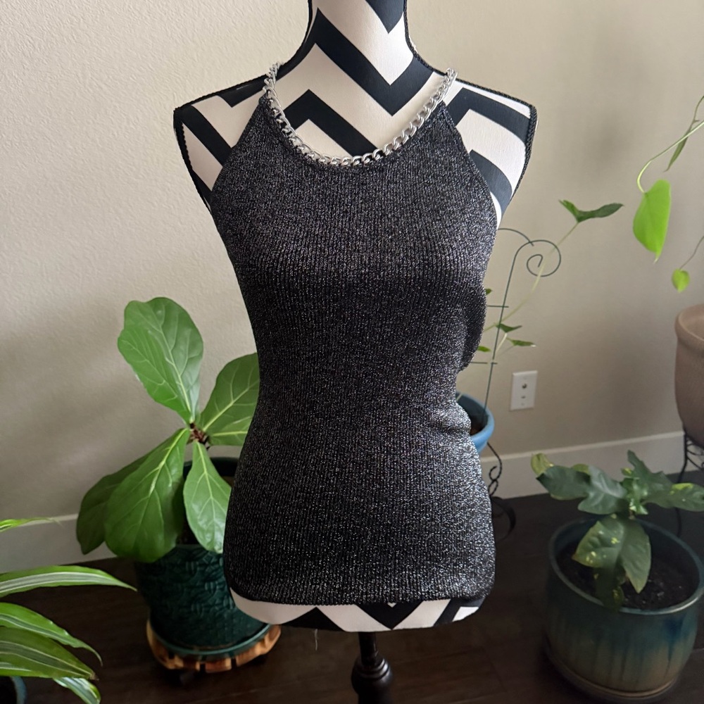 august silk || metallic gray halter chain knit top